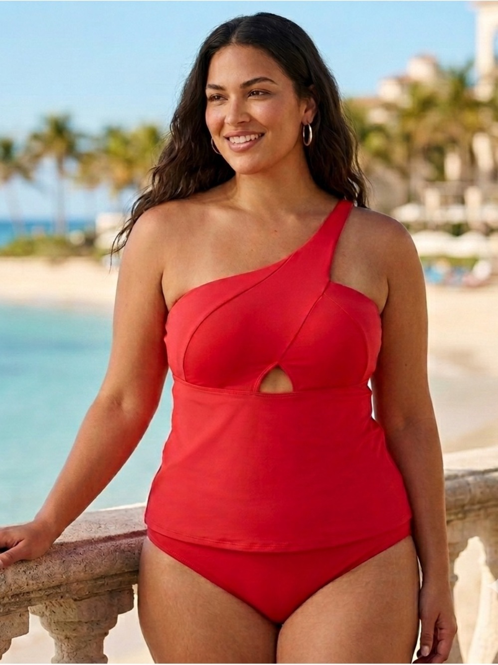 Lane Bryant 6TH & Lane Asymmetrical One Shoulder Balconette Red Tankini Swim Top